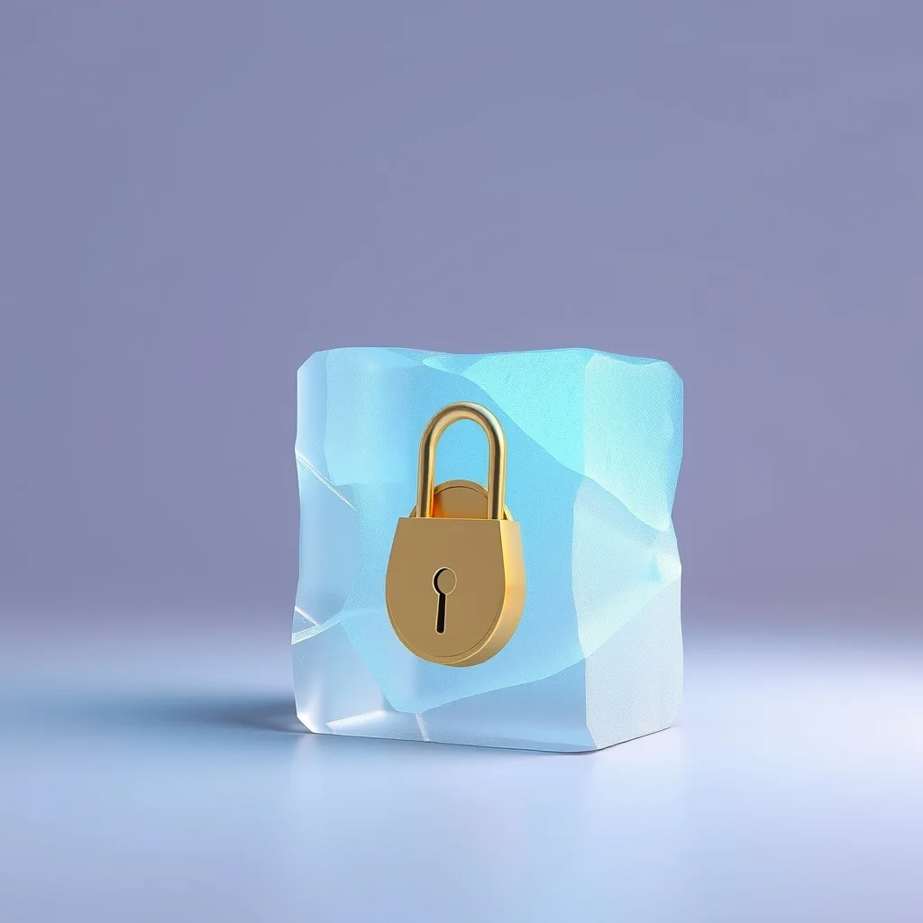 A block of ice encasing a golden coin and a padlock