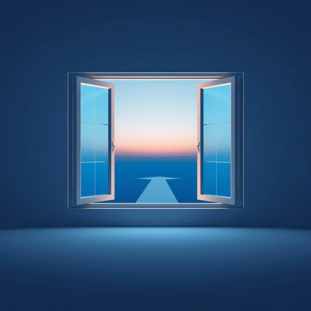 A glowing four-pane window at dusk with a path forking three ways in front of it