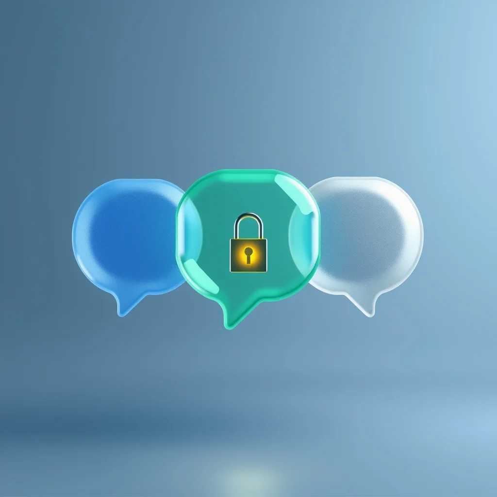 Three frosted-glass speech bubbles in blue, green and silver, each holding a tiny glowing padlock
