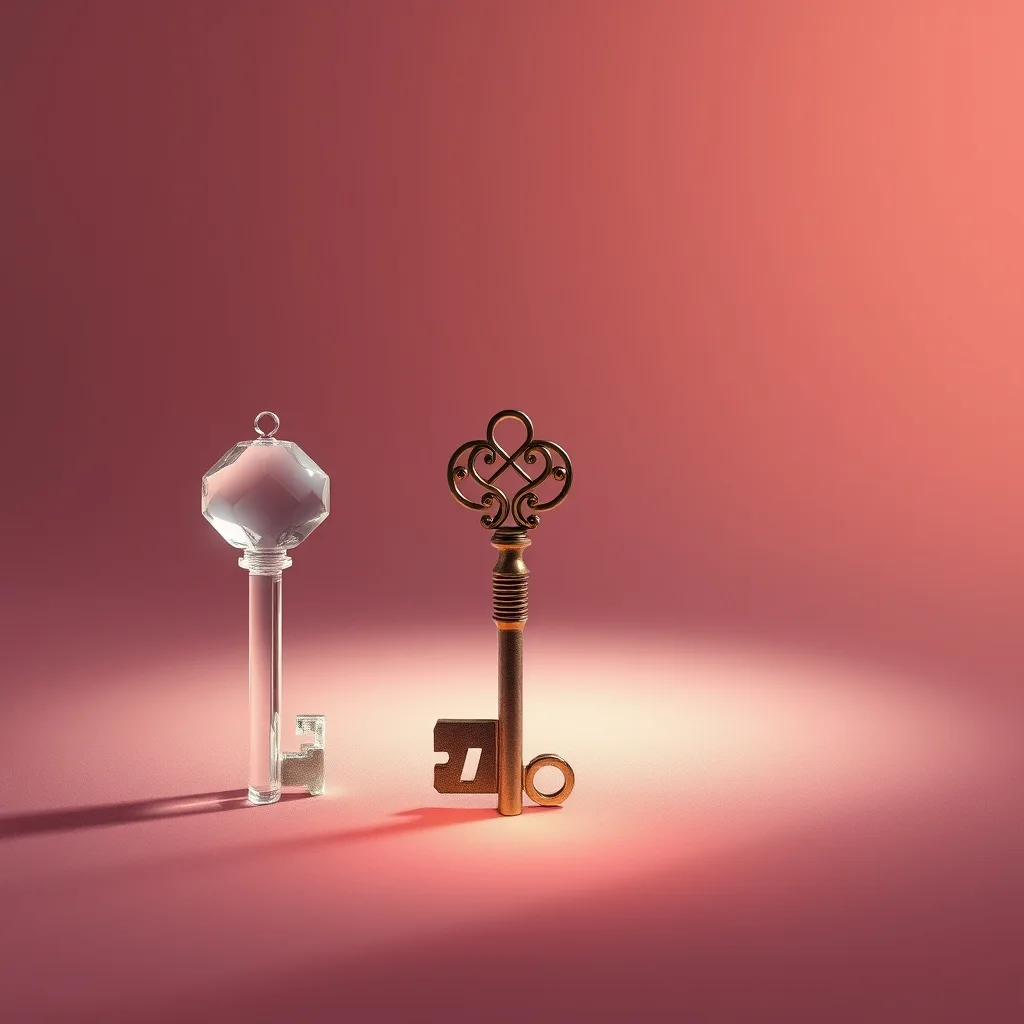 Three distinct keys of glass, metal and light arranged side by side under a soft spotlight