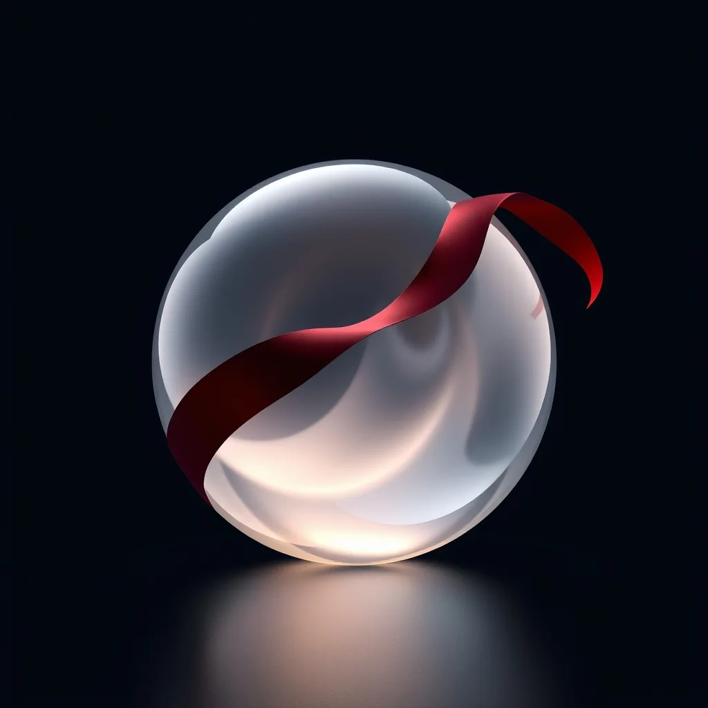 A glowing glass sphere with a dark red ribbon slipping in through a crack in its shell