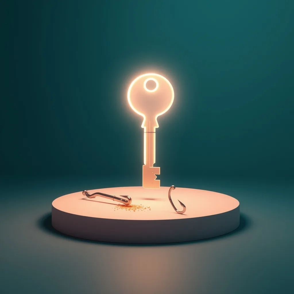 A glowing translucent key beside a broken fishing hook dissolving into particles