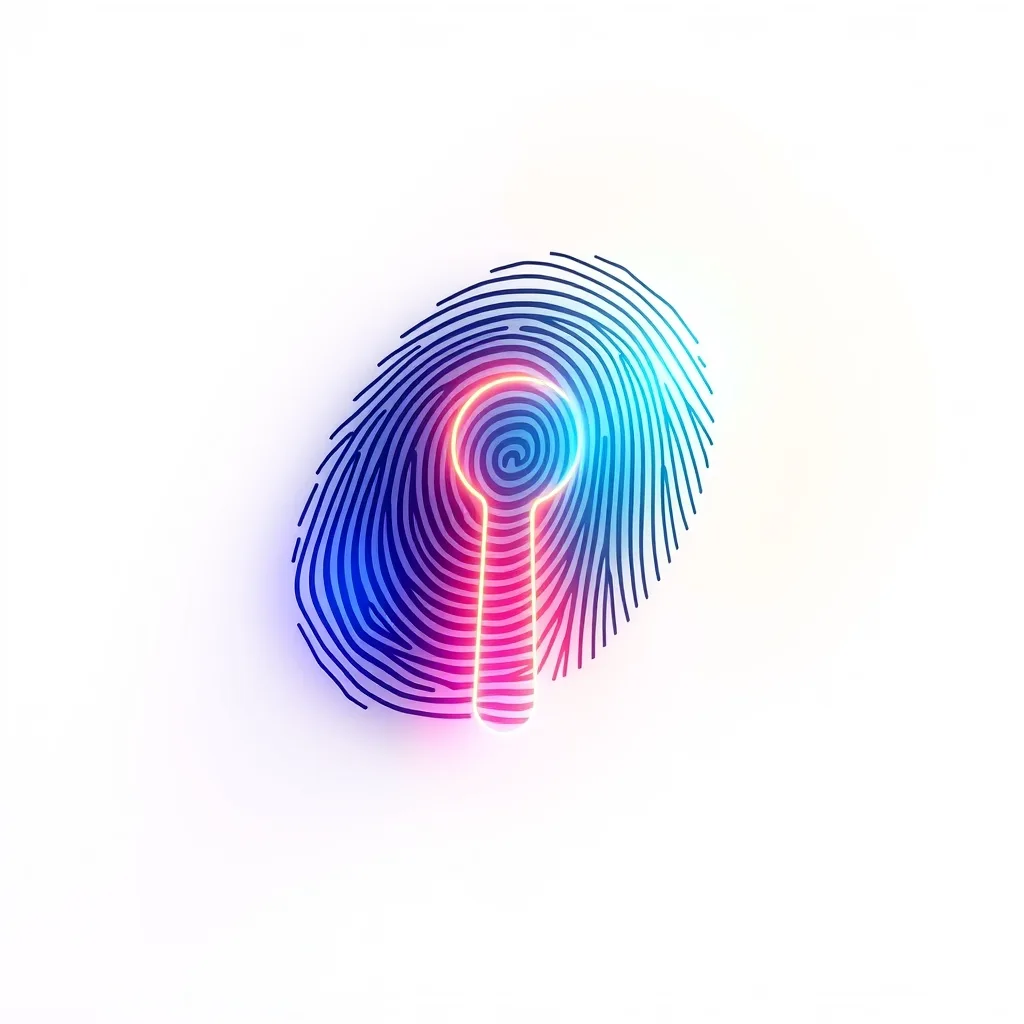 Glowing fingerprint lines merging into a translucent key shape