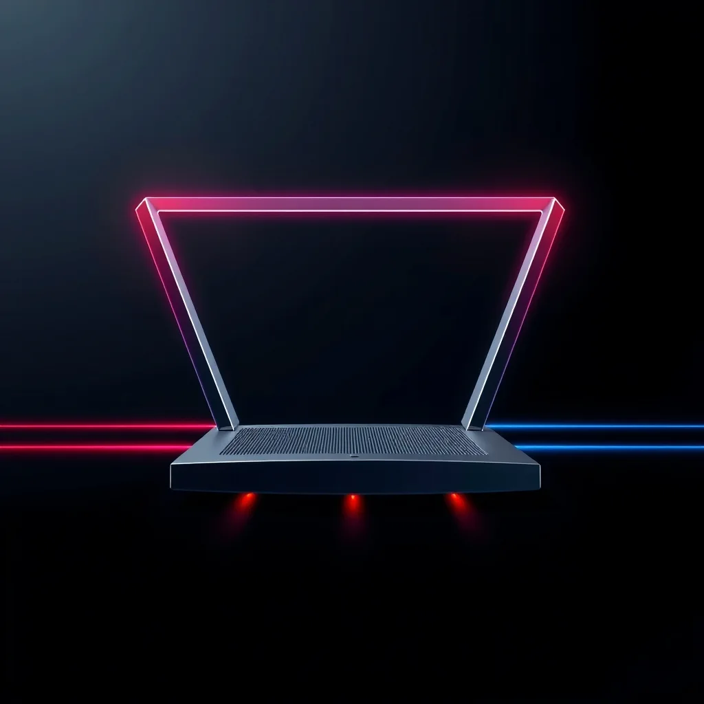 An abstract router with three wide ribbons of colored light flowing outward in parallel lanes