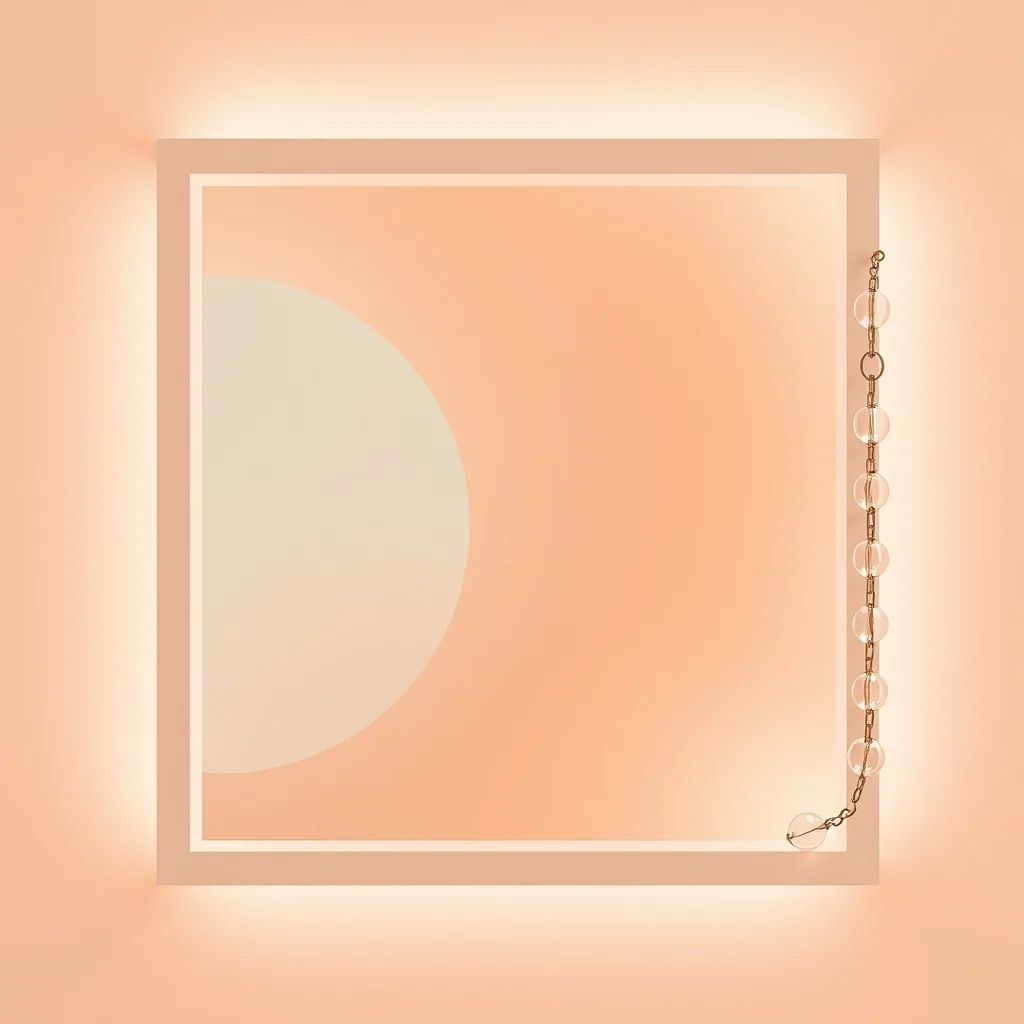 An abstract frame of light with a chain of glowing linked beads attached to its corner