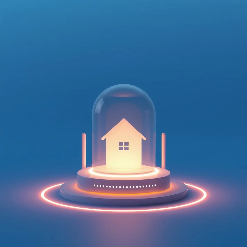 A glass house-shaped dome protecting a glowing router, surrounded by rings of light