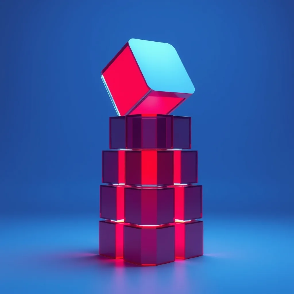 A stack of hexagonal glass tiles with a few glowing red tiles lifted above the rest