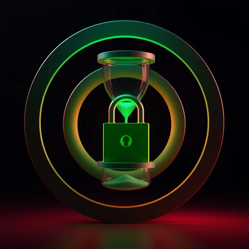 A glowing green padlock inside a circular hourglass with orbiting rings