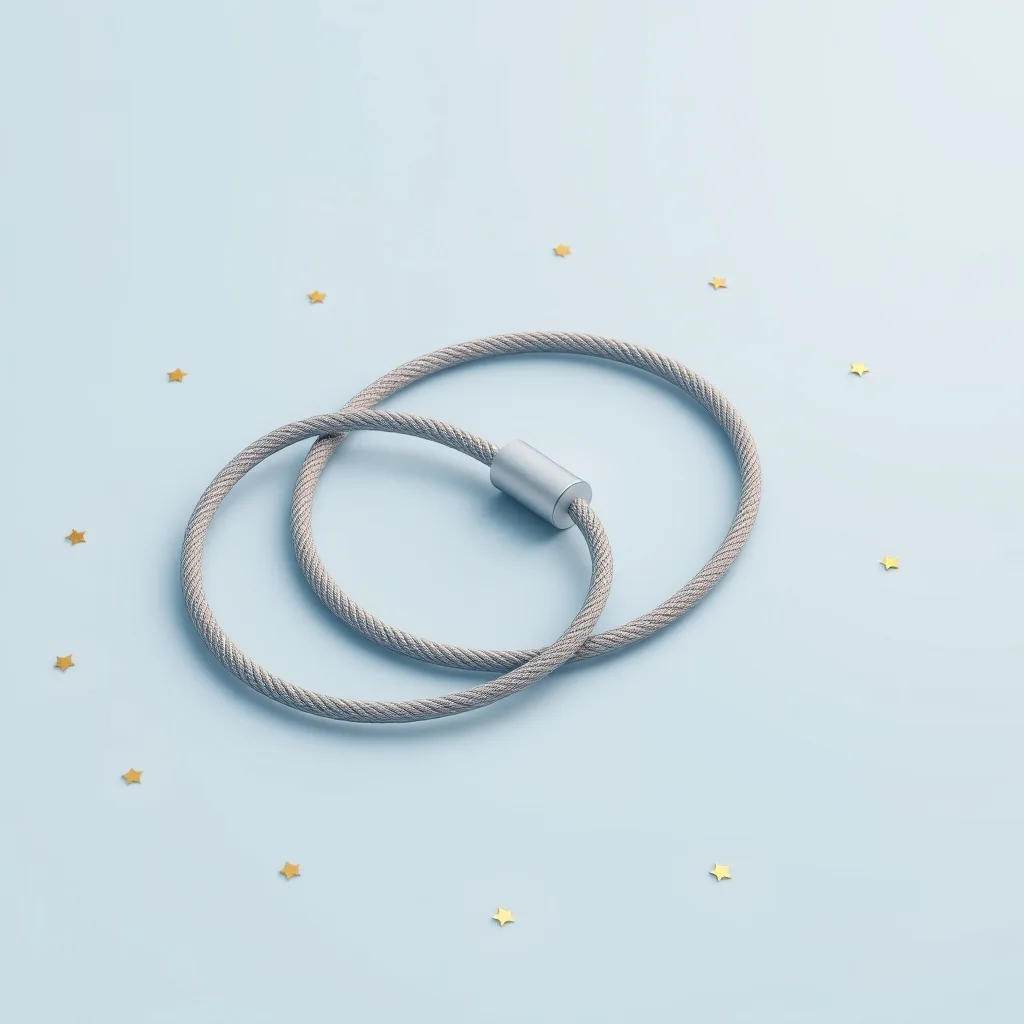 A coiled braided cable with an oval connector on a pastel surface, ringed by small golden stars