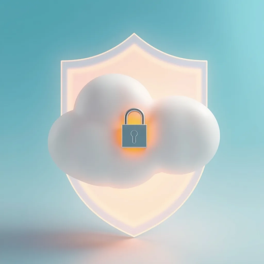 A soft white cloud wrapped in a glowing translucent shield with a padlock at its center