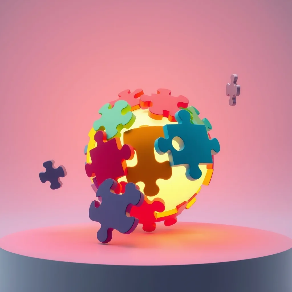 Colorful puzzle pieces snapping onto a glowing sphere while one faded grey piece drifts away